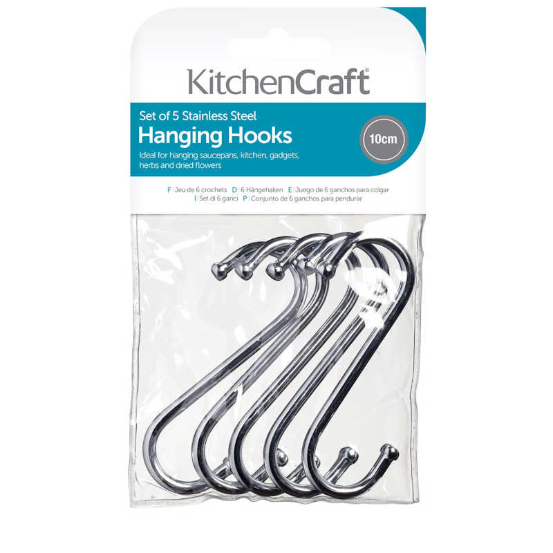 KitchenCraft Pack of Five 10cm Chrome Plated 'S' Hooks