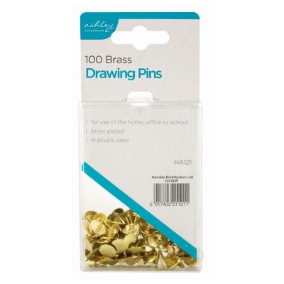 Ashley Housewares 100 Brass Drawing Pins In Plastic Case