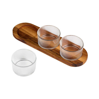 Tala Set of 3 Ribbed Glass Serving Dishes with Acacia Tray