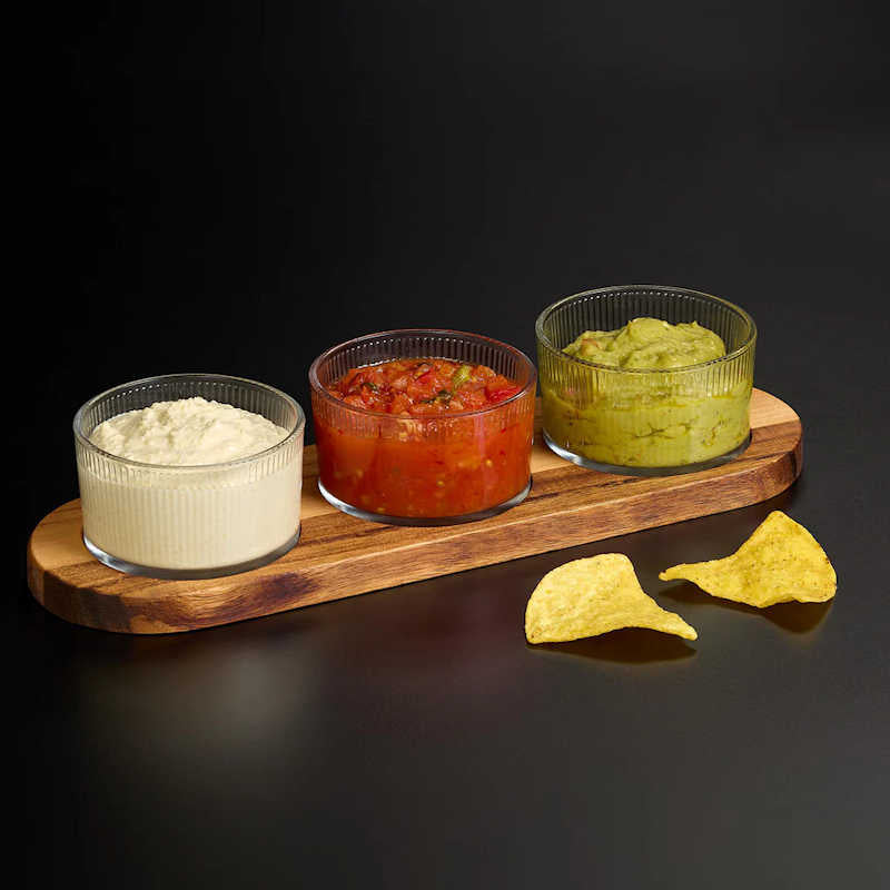 Tala Set of 3 Ribbed Glass Serving Dishes with Acacia Tray