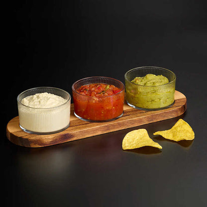 Tala Set of 3 Ribbed Glass Serving Dishes with Acacia Tray