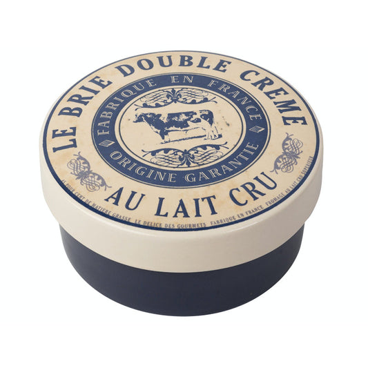 Cheese baker blue with ' le brie double creme au lait cru' written on it