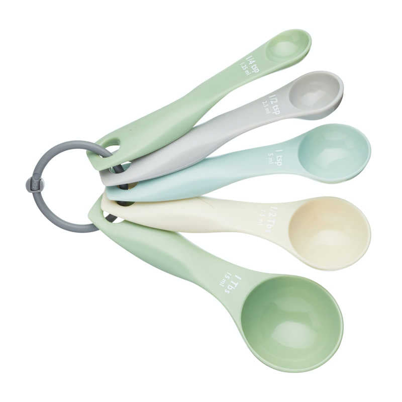 set of 5 pastel coloured measuring spoons