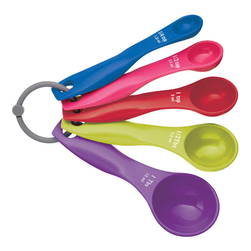 set of 5 brights coloured measuring spoons