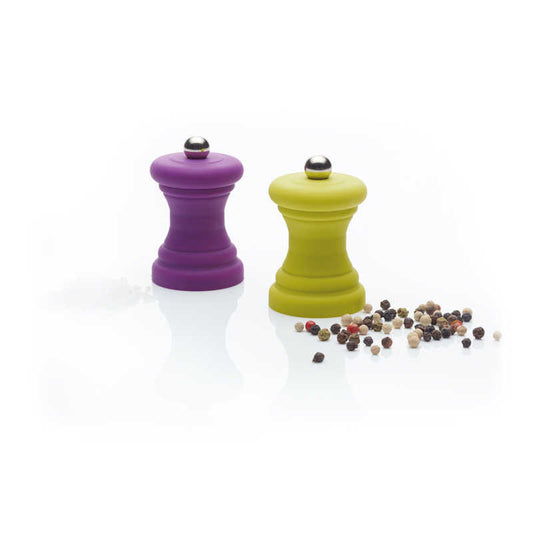 Colourworks miniature grinding mills in purple and green