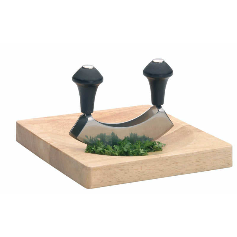 Stainless steel double bladed hachoir with wooden board