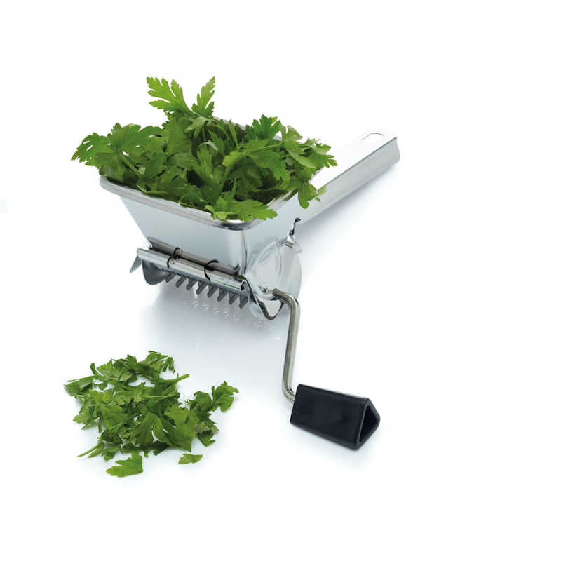 stainless steel rotary herb mill with herbs in