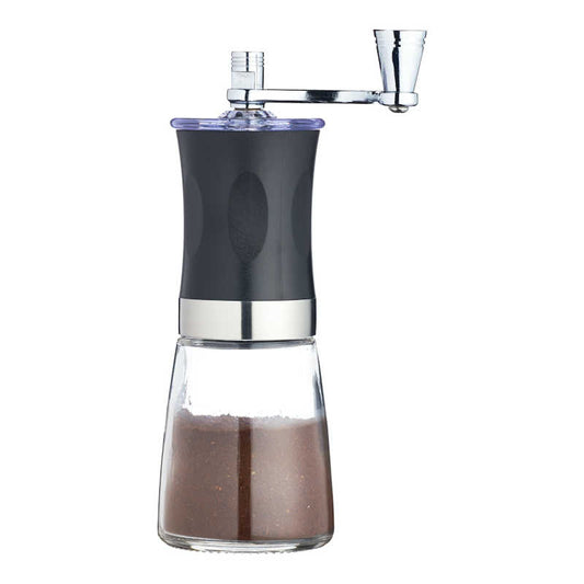 Coffee grinder with glass base and black top