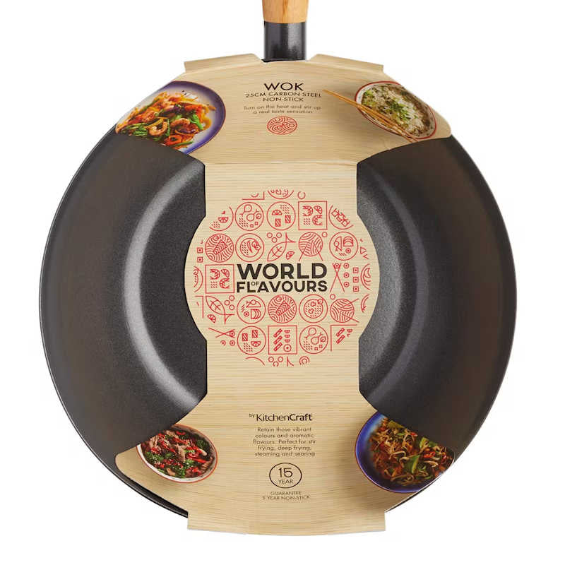 KitchenCraft World of Flavours Oriental Carbon Steel 20cm Non-Stick Wok